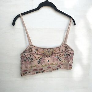 Zara Embroidered sparkly beaded Beige Crop Top mesh fairycore summer L